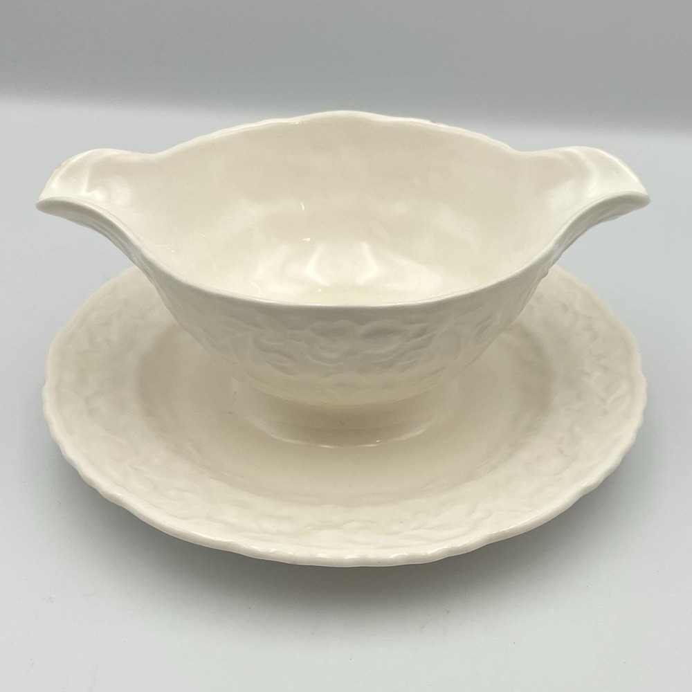 Vintage 1960s Pope Gosser China Rose Point Gravy Boat Attached Underplate USA